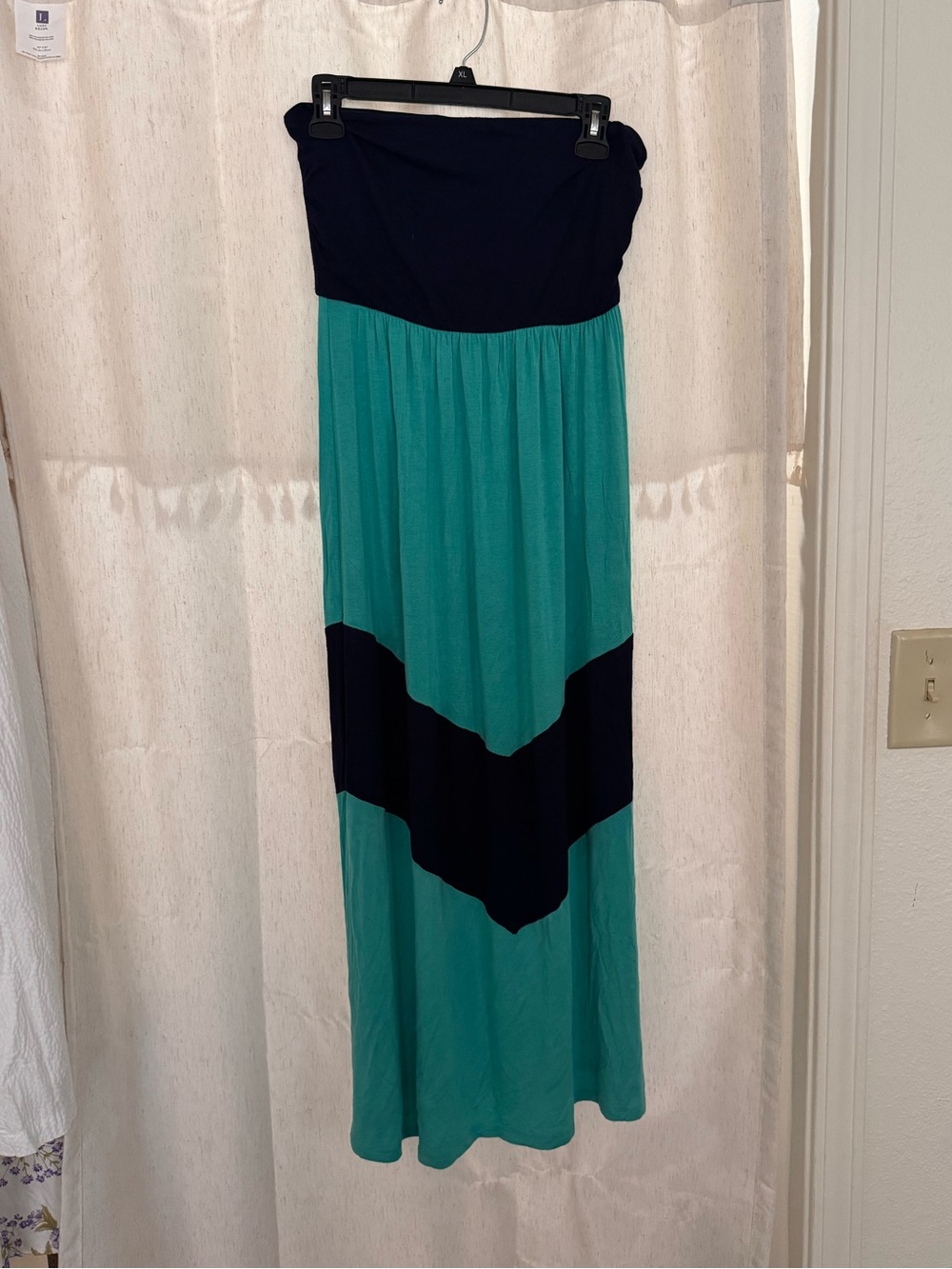 Strapless Teal and Navy Colorblock Maxi Dress